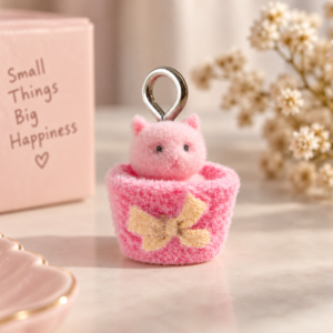 Pink Fuzzy Kitty Basket Charm Keychain