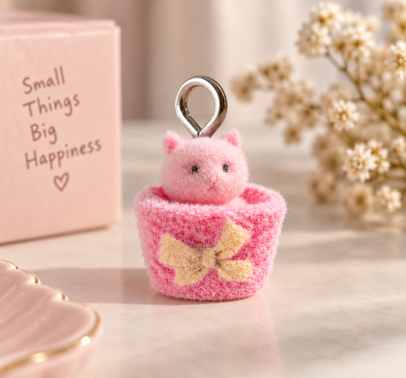 Pink Fuzzy Kitty Basket Charm Keychain