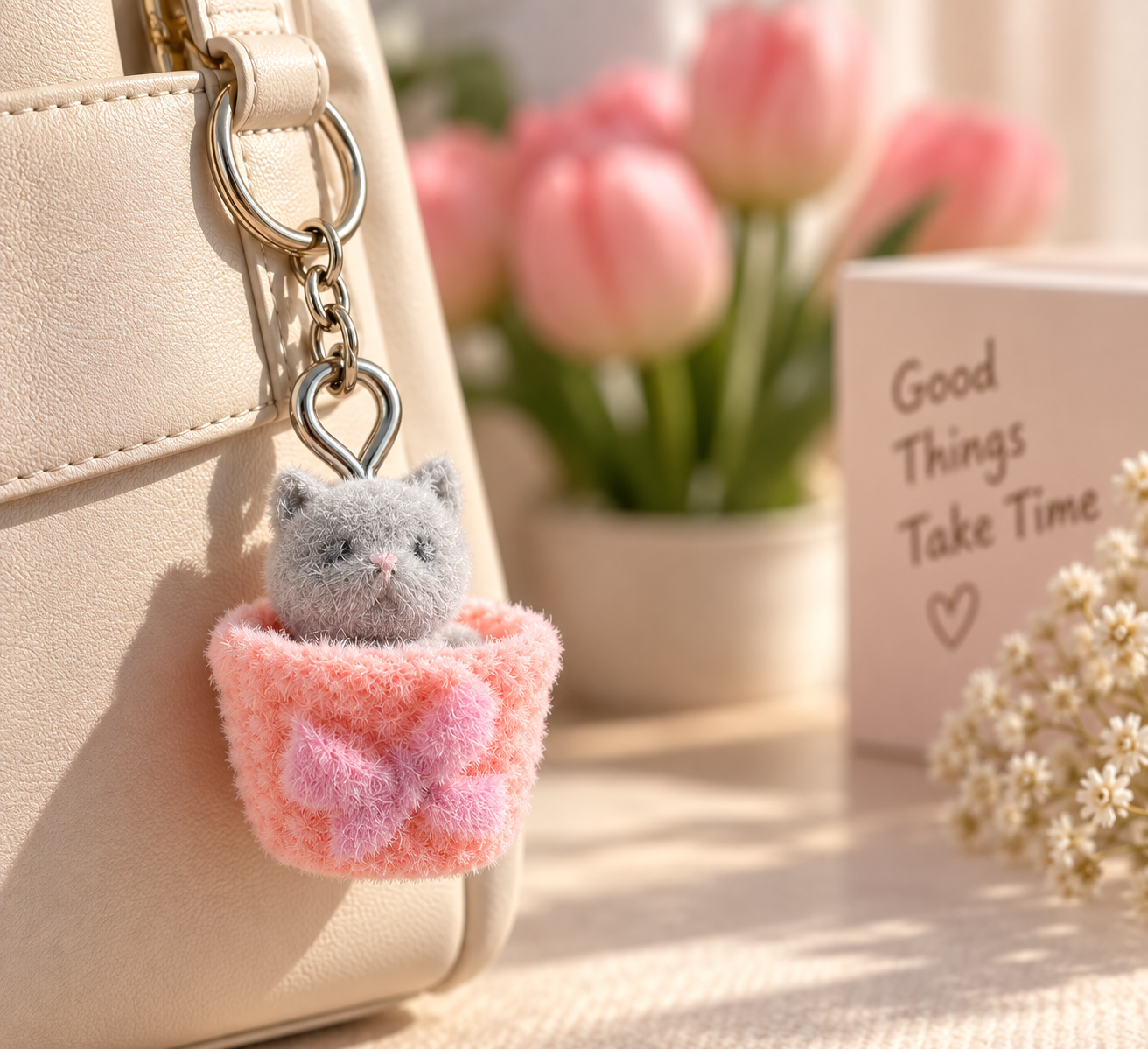 Grey Kitty Peach Basket Charm Keychain