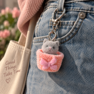 Grey Kitty Peach Basket Charm Keychain