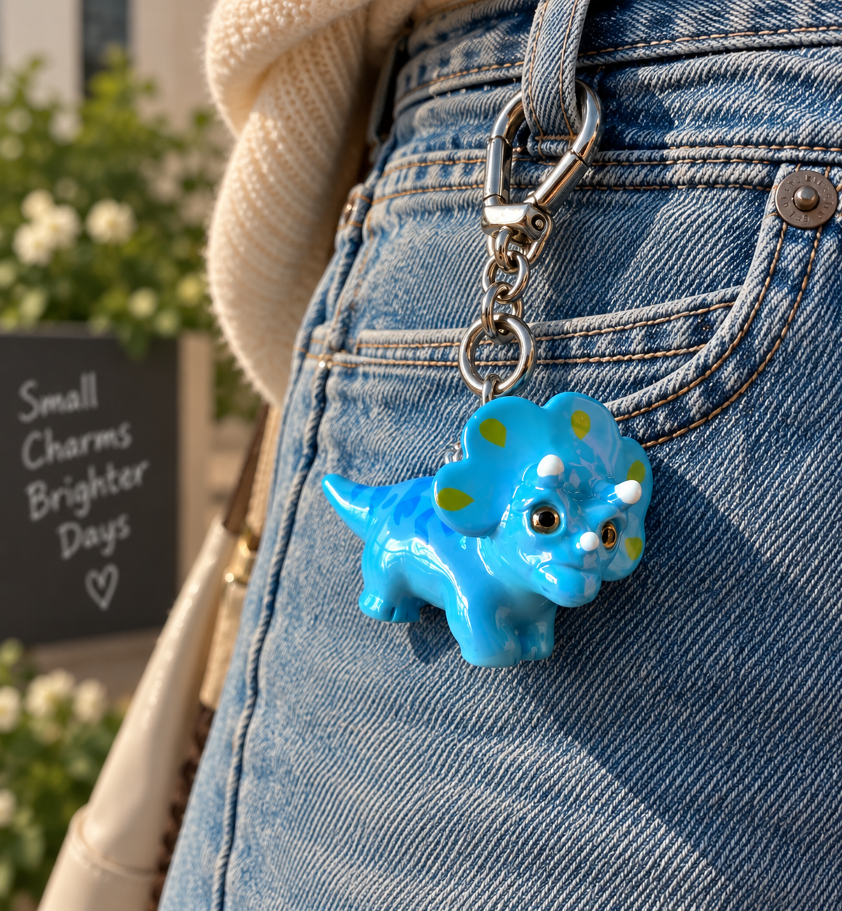 Blue Triceratops Dino Charm Keychain